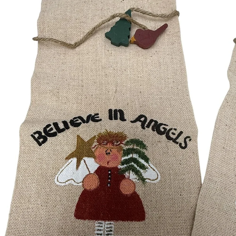 Christmas Wine Bottle Bags Angel and Snowman Cotton Blend Burlap w/ Charm Ties